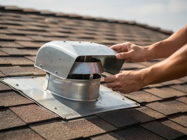 Cypress Dryer Vent Cleaning certified technician safely cleaning a roof-mounted dryer vent in Cypress