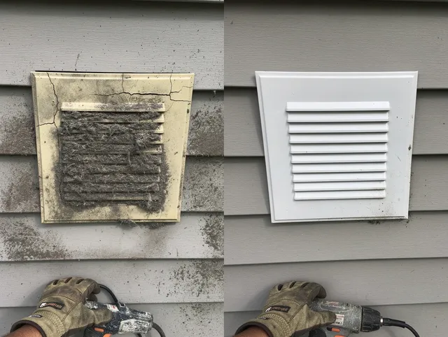Cypress Dryer Vent Cleaning technician installing high-quality dryer vent cover at a residential property in Cypress