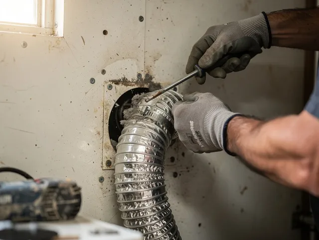 Cypress Dryer Vent Cleaning technician performing precise dryer vent hose installation in Cypress